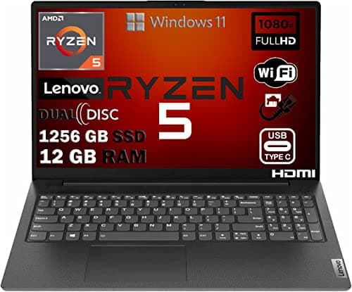 Lenovo Pc Notebook Led 15,6" Full Hd,Amd Ryzen 5 R5-5500U Six Core Fino 4,0 Ghz,Sshd M2 Nvme 1256Gb,Ram 12Gb,Webcam,Hdmi,Lan,Wifi,Open Office,Windows 11 Pro