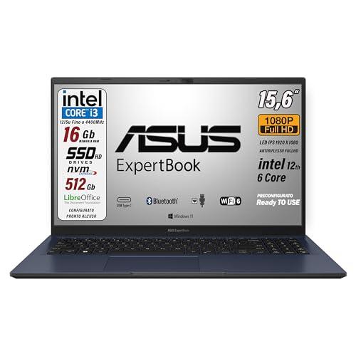 ASUS Expertbook, PC Portatile, cpu Intel Core i3 12Th 6Core, RAM 16 Gb, SSD PCIe Nvme 512 Gb, 15,6" FullHD antiriflesso, Wi-Fi 6, 4 USB, BT, lan, Intel Uhd, Win 11, preconfigurato