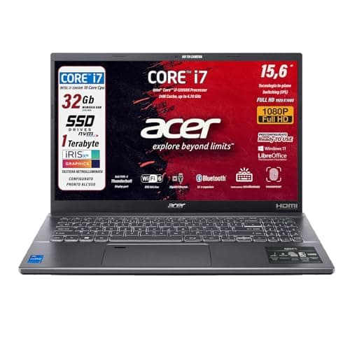 Acer Notebook, Intel Core i7 12650H, 10Core fino a 4.7Ghz, RAM 32 Gb, SSD PCIe NVMe 1TB, 15.6" FullHD, Tastiera Retroilluminata, Fingerprint, Wi-Fi 6, LAN, HDMI, Win 11 - Pronto all'Uso