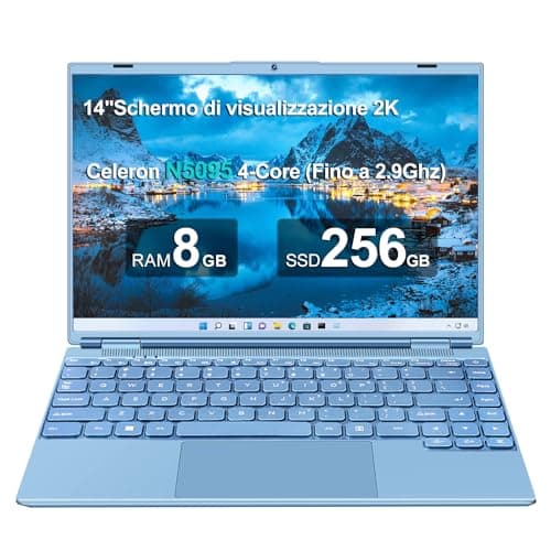 AOCWEI JSY Laptop Win 11 PC Portatile N5095 (fino to 2.9 GHz), 14 Pollici Notebook 8 GB 256 GB SSD 1TB Estensioni丨Dual WIFI Supporto丨Ventola Raffreddamento Schermo丨1920 * 1200 2K FHD-Blue