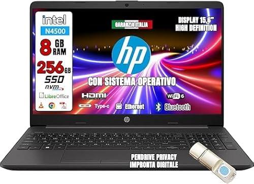 HP Notebook NUOVO con Pendrive Fingerprint Privacy • CPU Intel N4500 @ 2,8ghz • Monitor 15.6" HD • SSD 256 GB • Ram 8GB • Ingresso LAN, HDMI, USB • Sistema operativo WIN 11 PRO e Libre Office